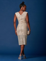 Jolie Moi Cream Sequin Wrap Slit Pencil Dress - Image 2 of 6