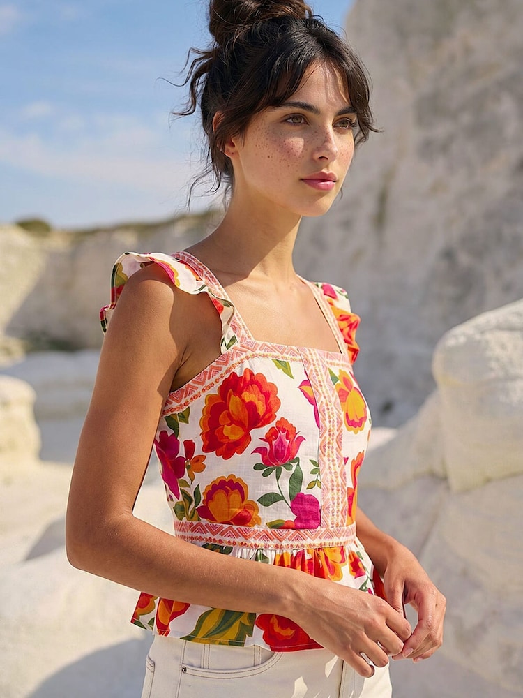 Roman Orange Floral Border Frill Top - Image 1 of 1
