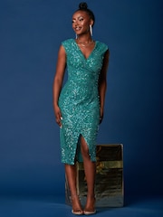 Jolie Moi Blue Sequin Wrap Slit Pencil Dress - Image 1 of 6