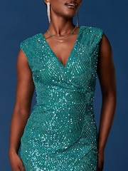 Jolie Moi Blue Sequin Wrap Slit Pencil Dress - Image 6 of 6