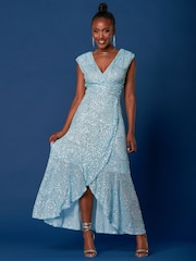 Jolie Moi Light Blue Sequin Wrap Ruffle Hem Maxi Dress - Image 1 of 6