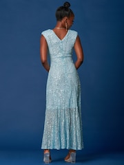 Jolie Moi Light Blue Sequin Wrap Ruffle Hem Maxi Dress - Image 2 of 6