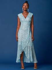Jolie Moi Light Blue Sequin Wrap Ruffle Hem Maxi Dress - Image 4 of 6