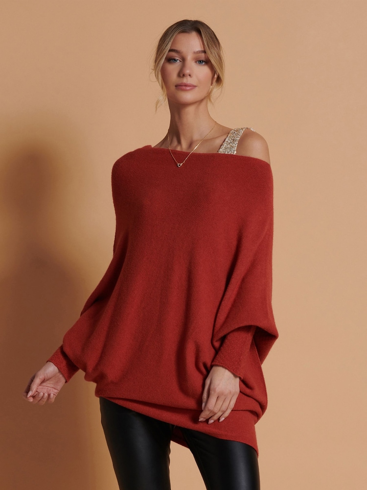 Jolie Moi Red Asymmetric Draped Soft Knit Jumper - Image 1 of 5
