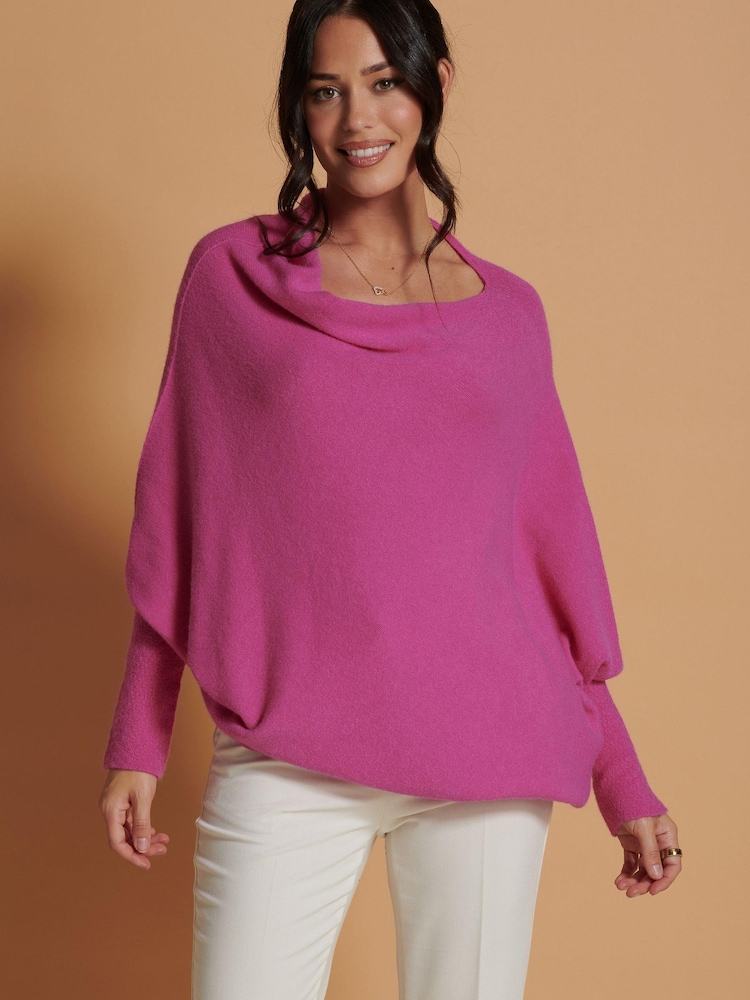 Jolie Moi Pink Asymmetric Draped Soft Knit Jumper - Image 1 of 6