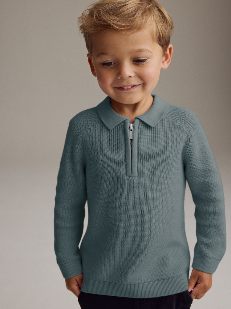 Modrozelena modra - dolg rokav; z dolgimi rokavi Quarter Zip Knitted polo majice (3mths-7yrs) - Slika 1 iz 7 Modrozelena modra - dolg rokav; z dolgimi rokavi Quarter Zip Knitted polo majice (3mths-7yrs) - Slika 1 iz 7