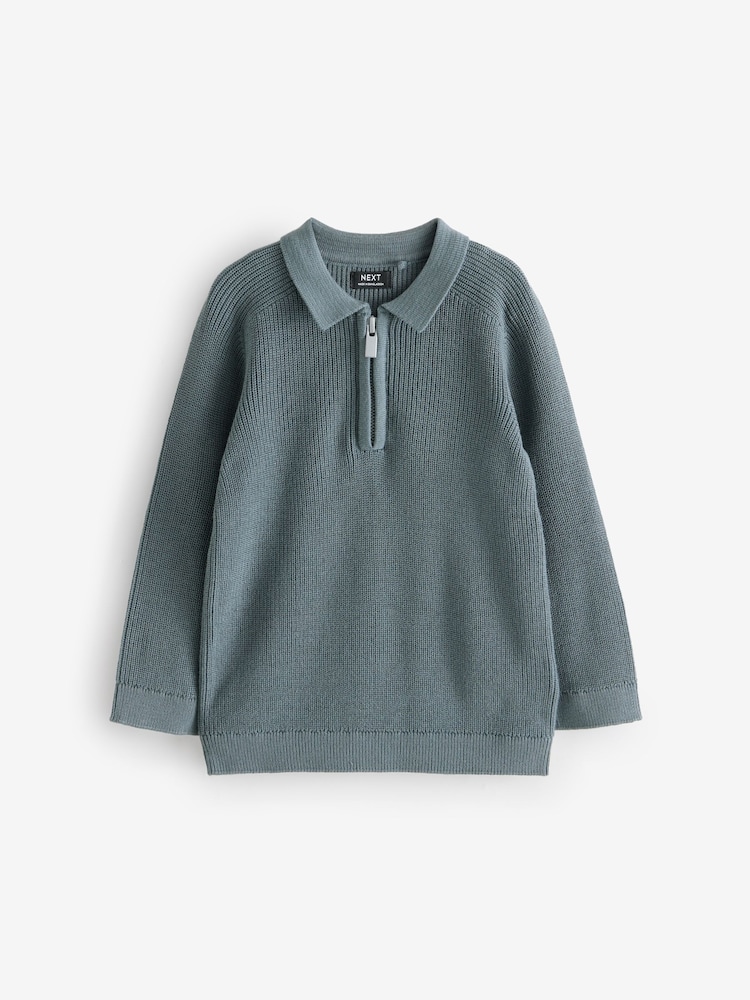Teal Blue Long Sleeve Quarter Zip Knitted Polo Shirt (3mths-7yrs) - Image 4 of 7