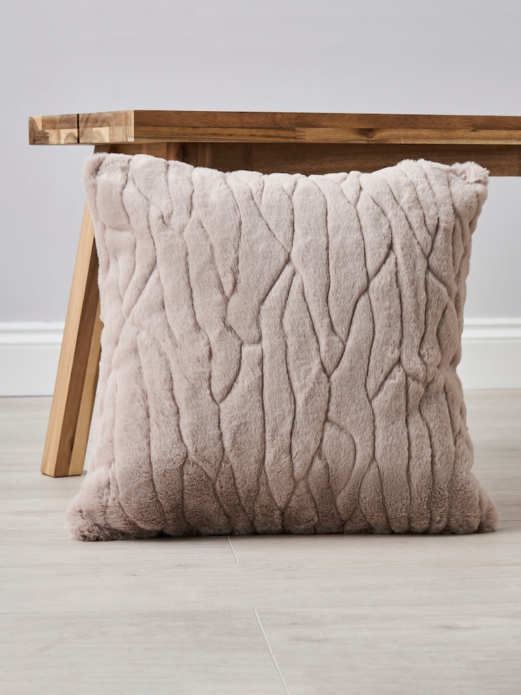 BHS Tan Brown Luxury Embossed Rabbit Faux Fur Cushion - Image 1 of 5