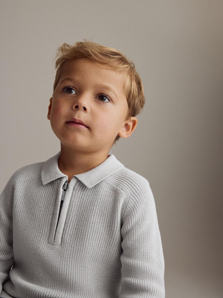 Light Grey Long Sleeve Quarter Zip Knitted Polo Shirt (3mths-7yrs) - Image 4 of 7