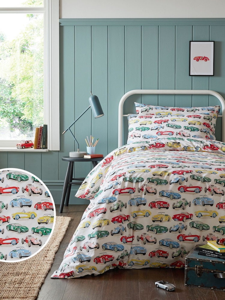 Cath Kidston White Vintage Cars 100% Cotton Duvet Cover and Pillowcase Set - Image 1 of 3