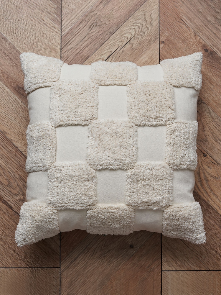 BHS Natural Checkerboard 100% Cotton Cushion - Image 1 of 2