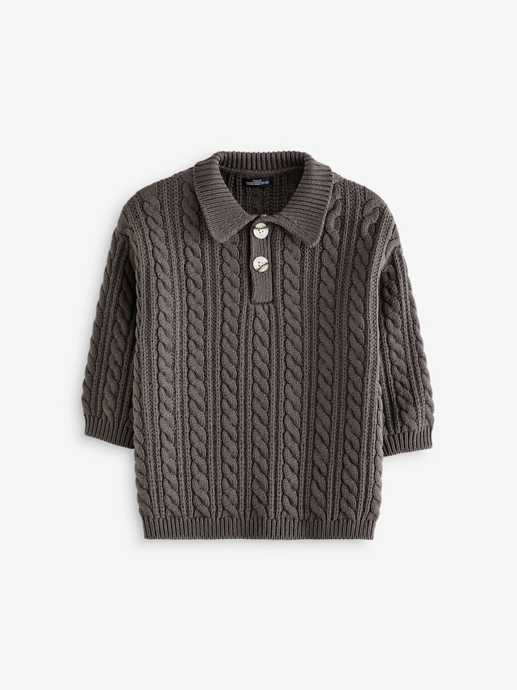 Grey Cable Knit Button Neck Jumper (3mths-7yrs) - Image 1 of 3