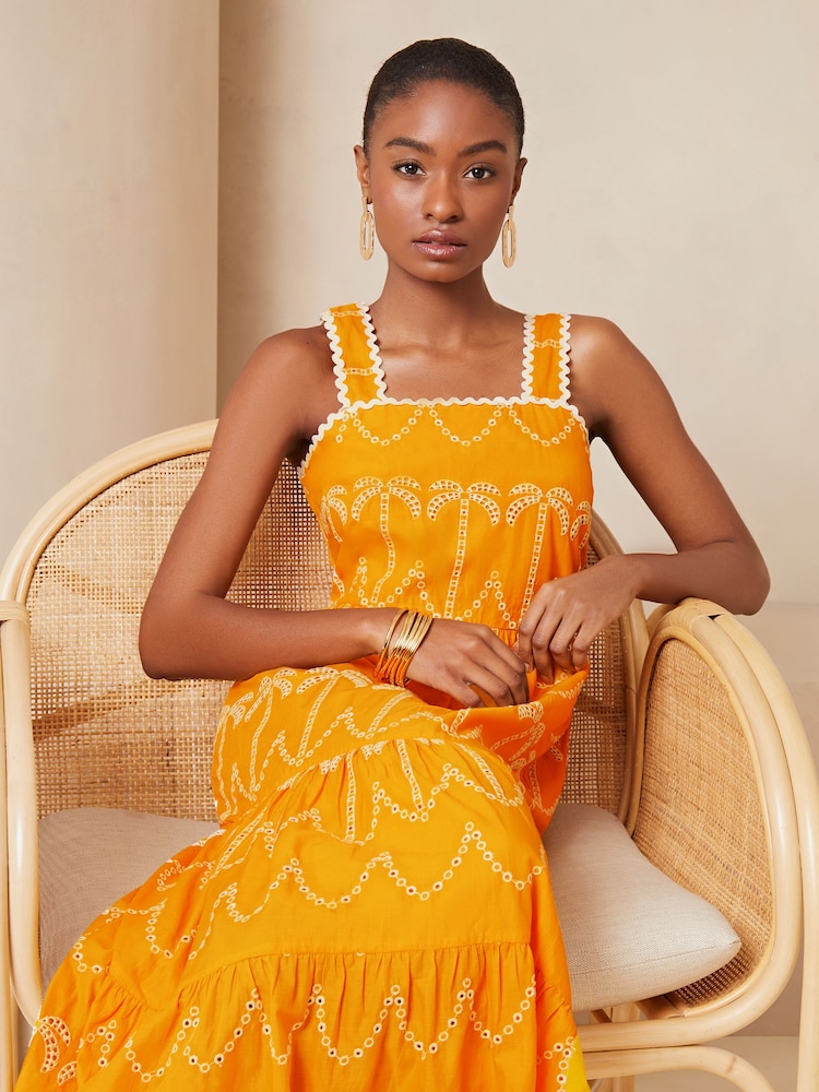 Lipsy Yellow Petite Palm Broderie Tiered Summer Holiday Midi Dress - Image 1 of 4
