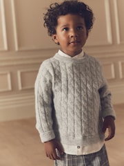 Grey Cable Crew Neck Mock 100% Cotton Shirt Jumper (3mths-7yrs) - Image 1 of 7
