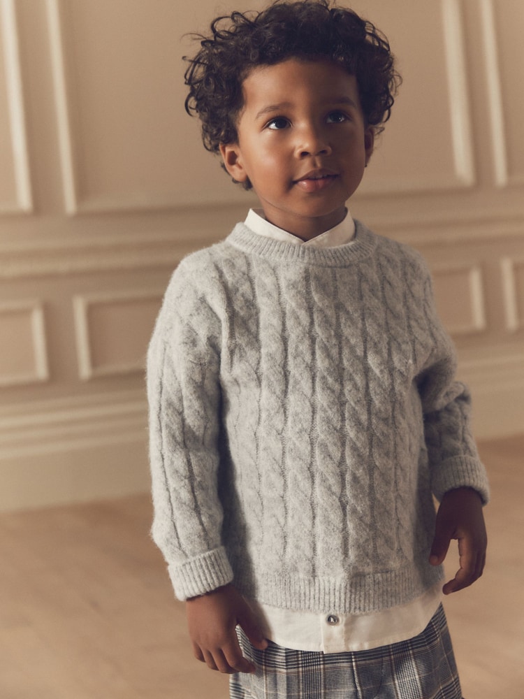 Grey Cable Crew Neck Mock 100% Cotton Shirt Jumper (3mths-7yrs) - Image 1 of 7
