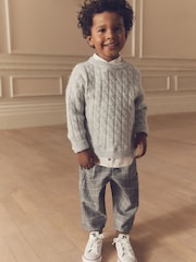 Grey Cable Crew Neck Mock 100% Cotton Shirt Jumper (3mths-7yrs) - Image 2 of 7