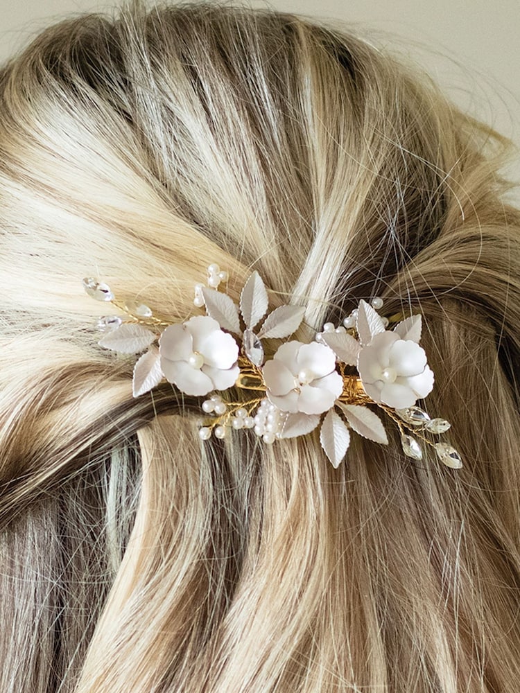 Ivory & Co Gold Gardenia Crystal And Pearl Enamelled Floral Clip - Image 3 of 5