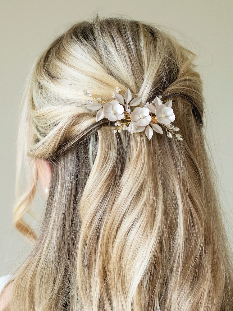 Ivory & Co Gold Gardenia Crystal And Pearl Enamelled Floral Clip - Image 4 of 5