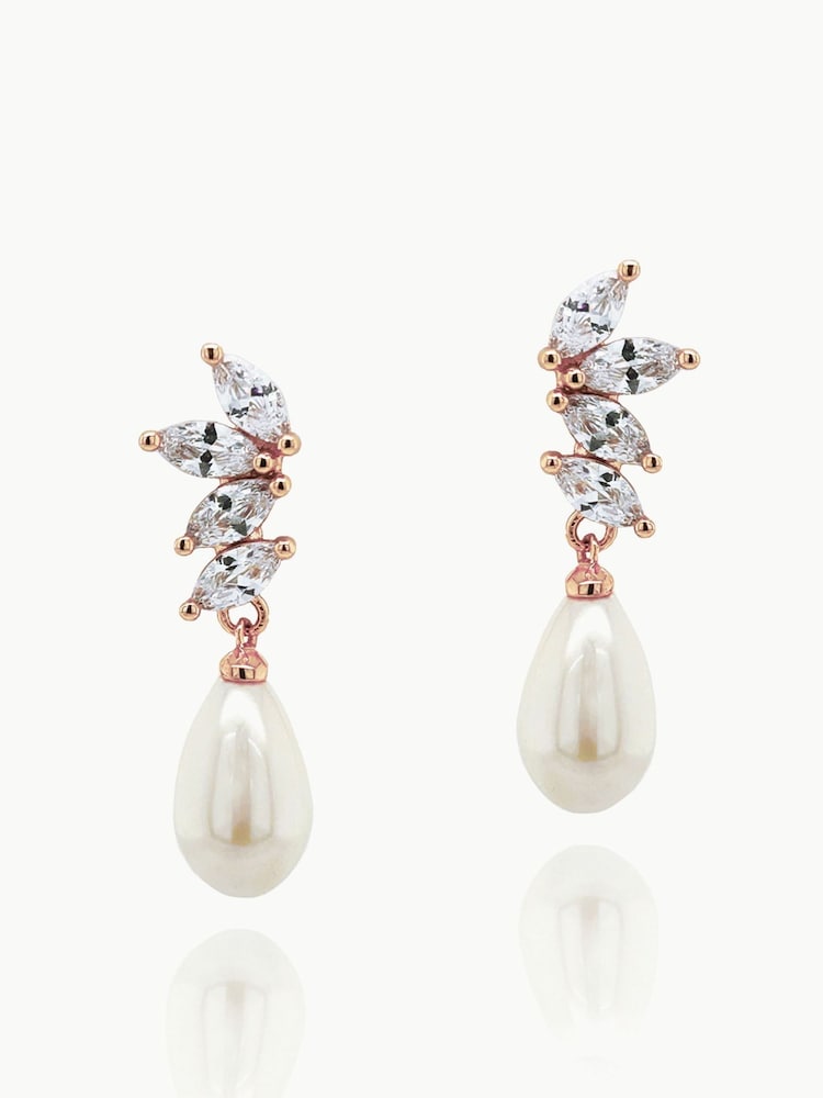 Ivory & Co Rose Gold Ashbourne R Classic Crystal And Pearl Drop Earrings - Image 1 of 5