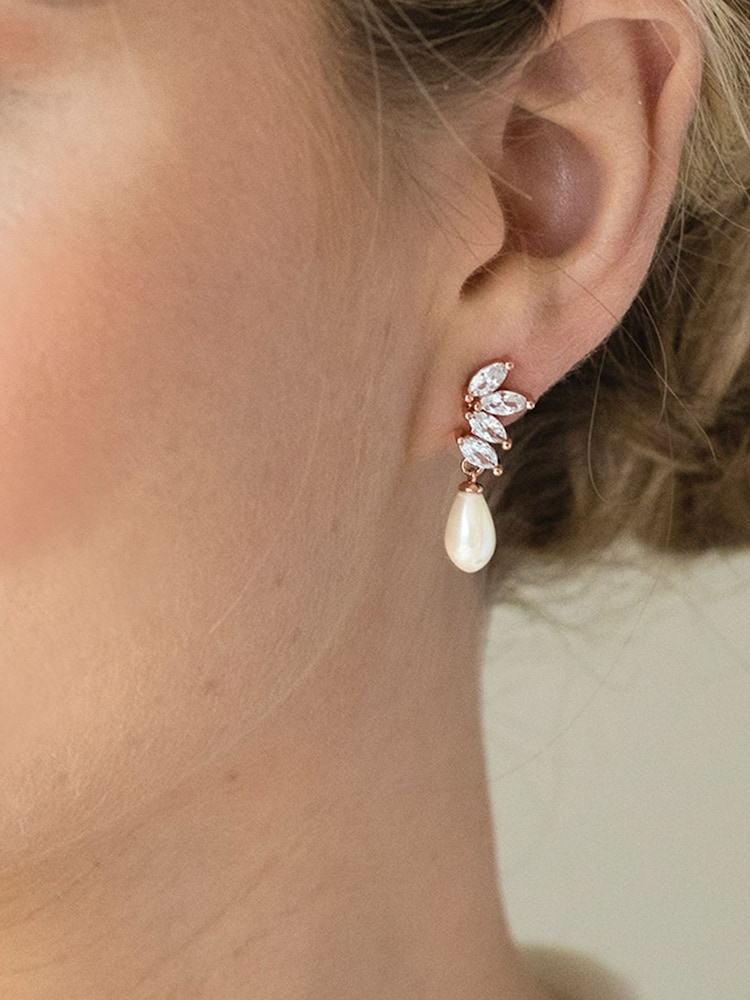 Ivory & Co Rose Gold Ashbourne R Classic Crystal And Pearl Drop Earrings - Image 3 of 5