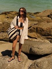 Black/White Pique Stripe High Waist High Waist High Leg Bikini Bottoms - Image 2 of 6