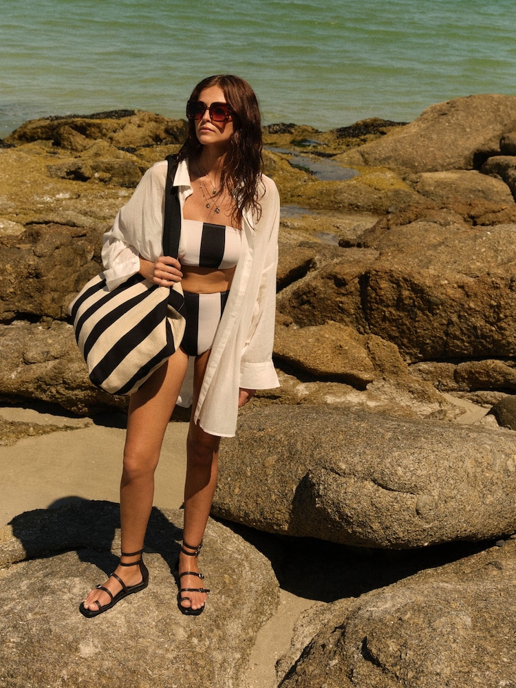 Black/White Pique Stripe High Waist High Waist High Leg Bikini Bottoms - Image 2 of 6