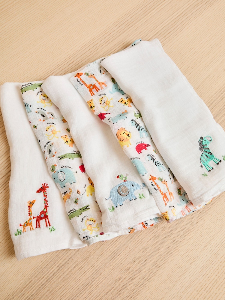JoJo Maman Bébé Bright Jungle 5-Pack Embroidered Muslin Squares - Image 1 of 3