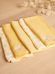 JoJo Maman Bébé Yellow Duck 5-Pack Embroidered Muslin Squares - Image 1 of 4