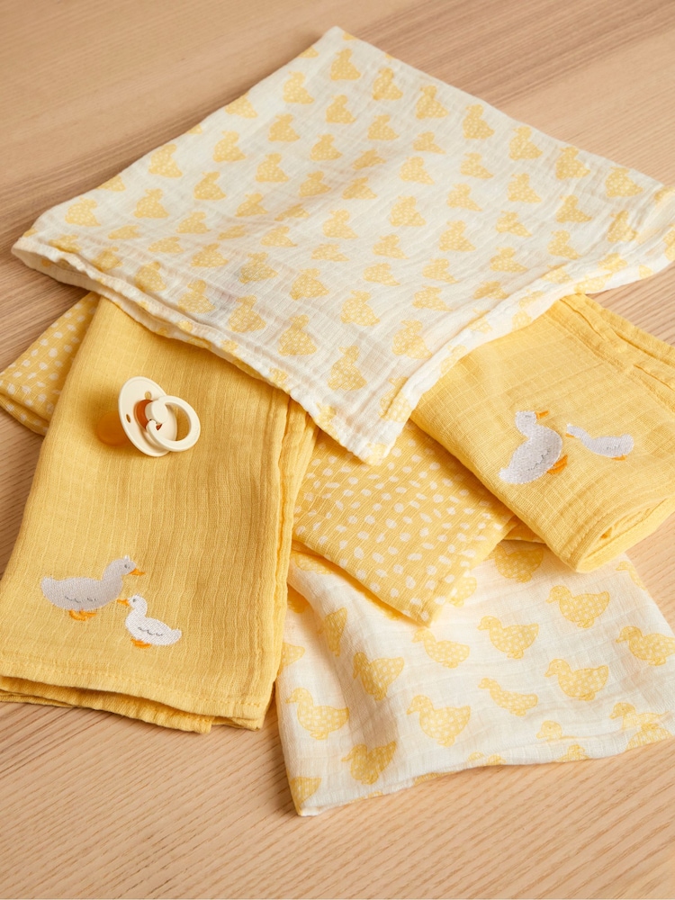 JoJo Maman Bébé Yellow Duck 5-Pack Embroidered Muslin Squares - Image 2 of 4