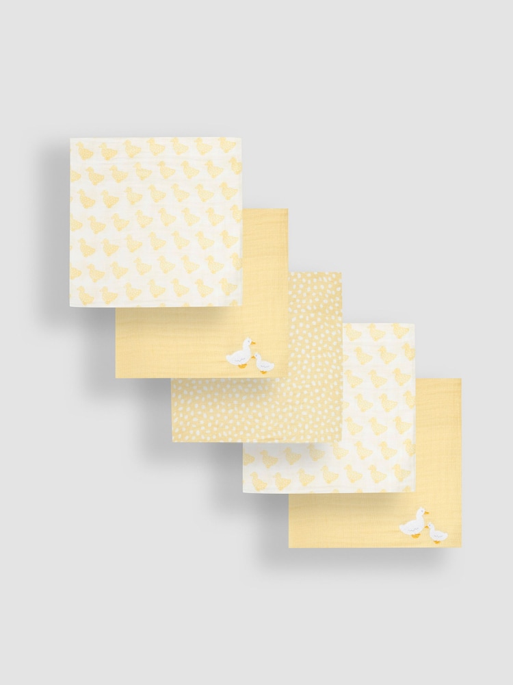 JoJo Maman Bébé Yellow Duck 5-Pack Embroidered Muslin Squares - Image 3 of 4