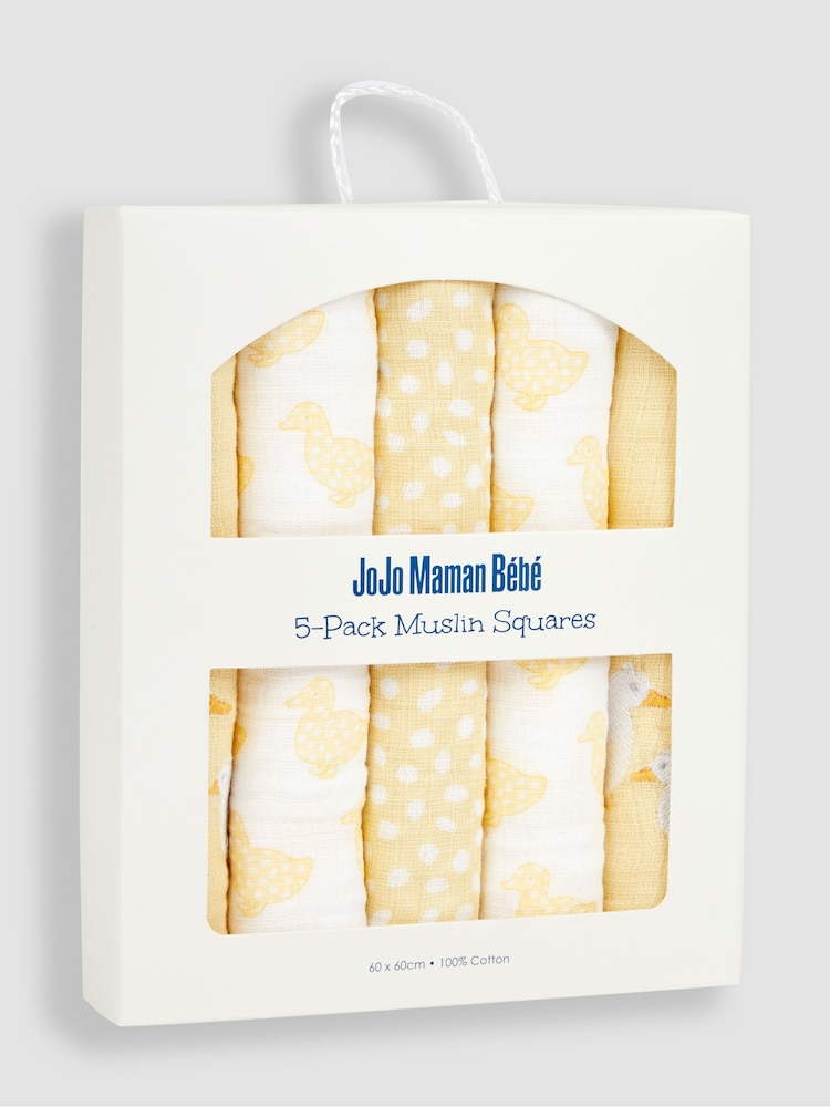 JoJo Maman Bébé Yellow Duck 5-Pack Embroidered Muslin Squares - Image 4 of 4