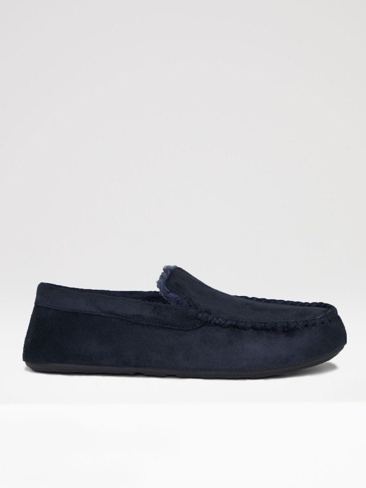 Threadbare Blue Faux Fur Lined Suedette Moccasin Slippers - Image 1 of 5