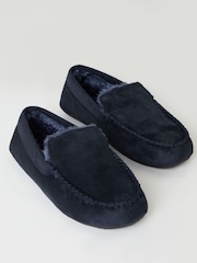 Threadbare Blue Faux Fur Lined Suedette Moccasin Slippers - Image 2 of 5