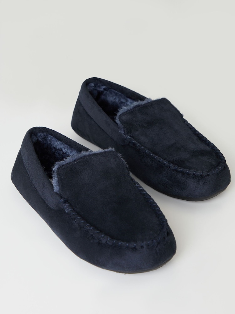 Threadbare Blue Faux Fur Lined Suedette Moccasin Slippers - Image 2 of 5