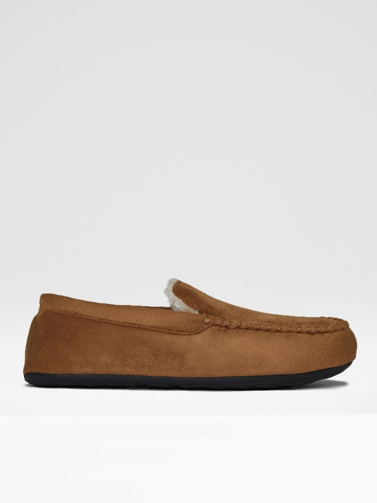 Threadbare Brown Faux Fur Lined Suedette Moccasin Slippers - Image 1 of 4