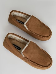 Threadbare Brown Faux Fur Lined Suedette Moccasin Slippers - Image 3 of 4