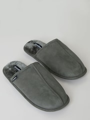 Threadbare Grey Faux Fur Lined Suedette Mule Slippers - Image 3 of 4