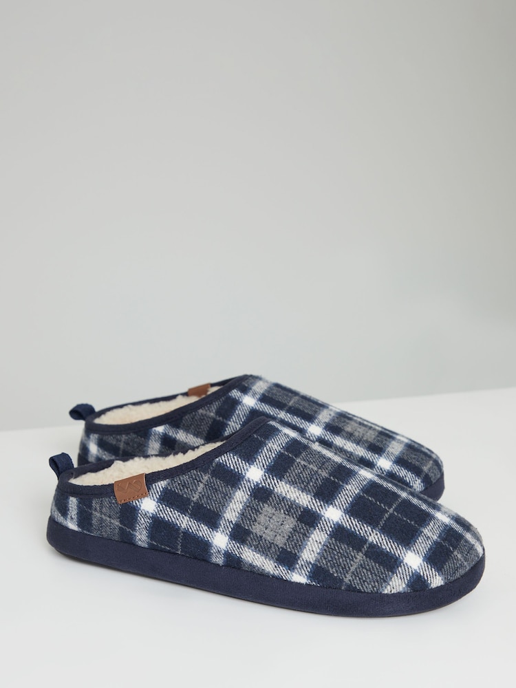 Threadbare Blue Borg Lined Check Mule Slippers - Image 2 of 4