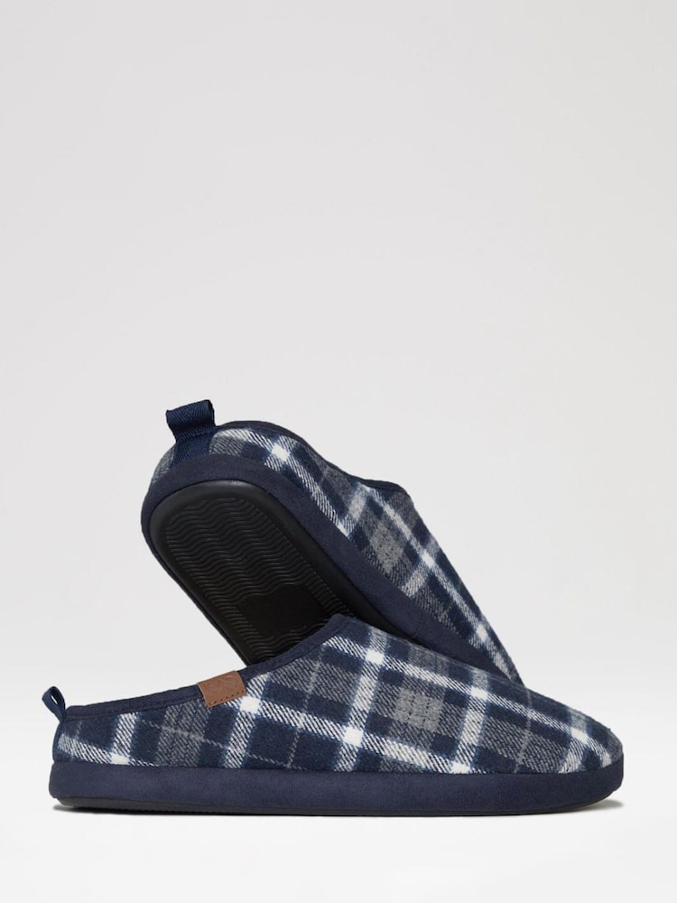 Threadbare Blue Borg Lined Check Mule Slippers - Image 3 of 4
