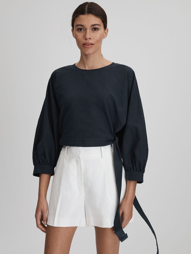 Reiss Navy Immy Cropped Blouson Sleeve Top With Linen - Image 1 of 7
