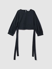 Reiss Navy Immy Cropped Blouson Sleeve Top With Linen - Image 2 of 7