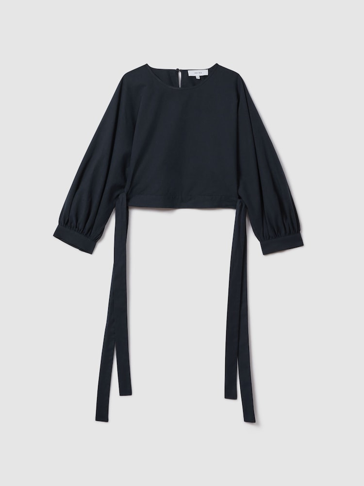 Reiss Navy Immy Cropped Blouson Sleeve Top With Linen - Image 2 of 7