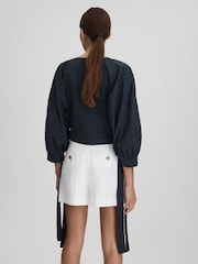 Reiss Navy Immy Cropped Blouson Sleeve Top With Linen - Image 5 of 7