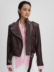 Reiss Berry Maeve Cropped Leather Biker Jacket - Image 1 of 7