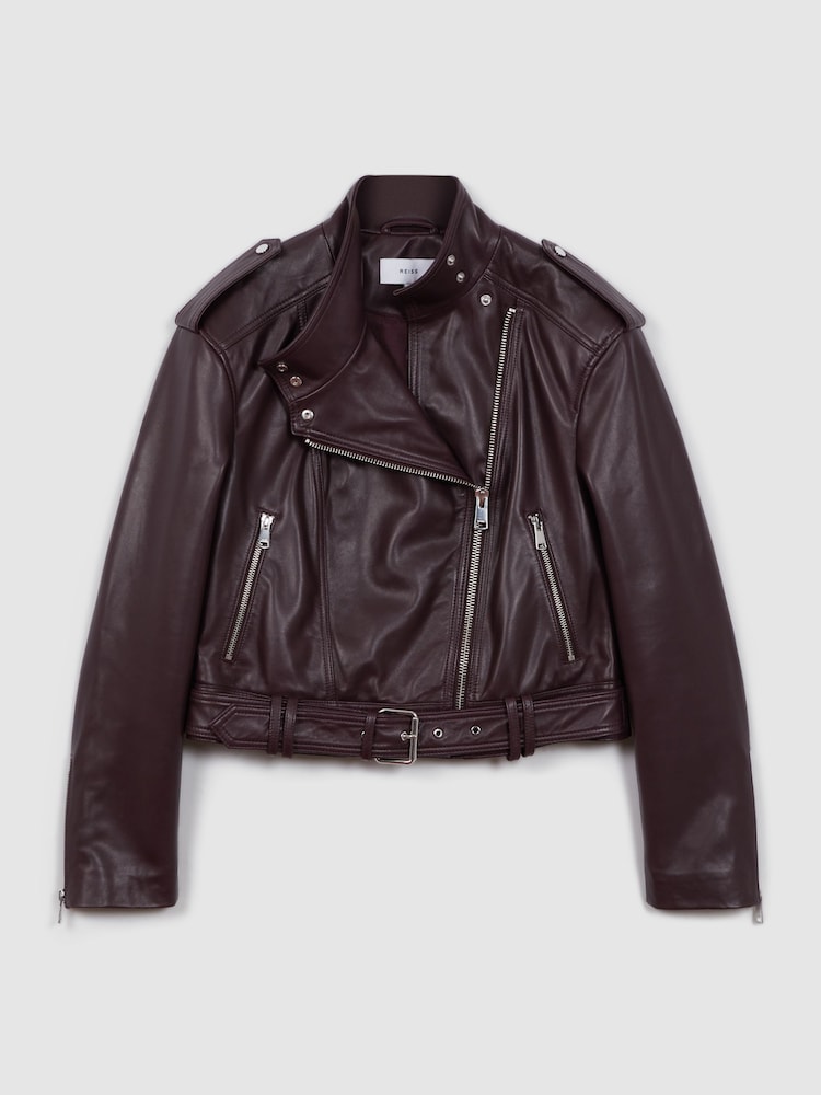 Reiss Berry Maeve Cropped Leather Biker Jacket - Image 2 of 7