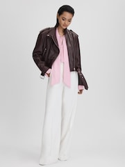 Reiss Berry Maeve Cropped Leather Biker Jacket - Image 3 of 7