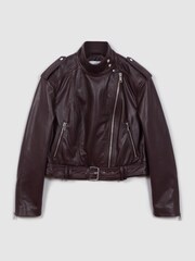 Reiss Berry Maeve Cropped Leather Biker Jacket - Image 7 of 7