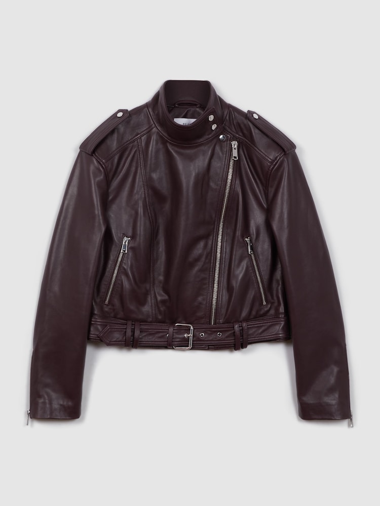 Reiss Berry Maeve Cropped Leather Biker Jacket - Image 7 of 7