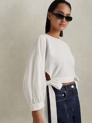 Reiss Ivory Immy Cropped Blouson Sleeve Top With Linen - Image 1 of 5