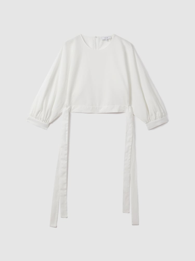 Reiss Ivory Immy Cropped Blouson Sleeve Top With Linen - Image 2 of 5